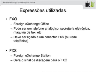 Expressões utilizadas
• FXO
– Foreign eXchange Office
– Pode ser um telefone analógico, secretária eletrônica,
máquina de fax, etc
– Deve ser ligado a um conector FXS (ou rede
telefônica)
• FXS
– Foreign eXchange Station
– Gera o sinal de discagem para o FXO
 