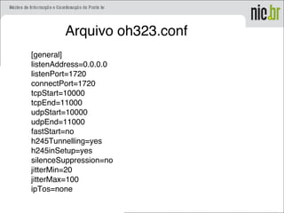 Arquivo oh323.conf
[general]
listenAddress=0.0.0.0
listenPort=1720
connectPort=1720
tcpStart=10000
tcpEnd=11000
udpStart=10000
udpEnd=11000
fastStart=no
h245Tunnelling=yes
h245inSetup=yes
silenceSuppression=no
jitterMin=20
jitterMax=100
ipTos=none
 