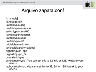 Arquivo zapata.conf
[channels]
;language=en
;switchtype=qsig
;switchtype=euroisdn
switchtype=dms100
;switchtype=national
;switchtype=5ess
;switchtype=ni2
pridialplan=unknown
;prilocaldialplan=national
signalling=pri_cpe
;signalling=pri_net
usecallerid=yes
echocancel=yes ; You can set this to 32, 64, or 128, tweak to your
needs.
;echocancel=no ; You can set this to 32, 64, or 128, tweak to your
needs.
 