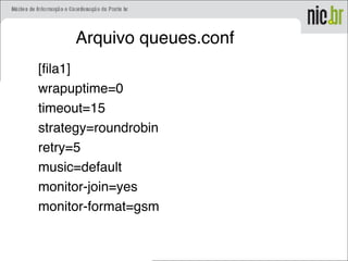 Arquivo queues.conf
[fila1]
wrapuptime=0
timeout=15
strategy=roundrobin
retry=5
music=default
monitor-join=yes
monitor-format=gsm
 
