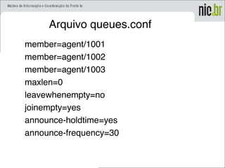 Arquivo queues.conf
member=agent/1001
member=agent/1002
member=agent/1003
maxlen=0
leavewhenempty=no
joinempty=yes
announce-holdtime=yes
announce-frequency=30
 