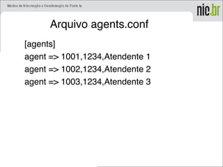Arquivo agents.conf
[agents]
agent => 1001,1234,Atendente 1
agent => 1002,1234,Atendente 2
agent => 1003,1234,Atendente 3
 