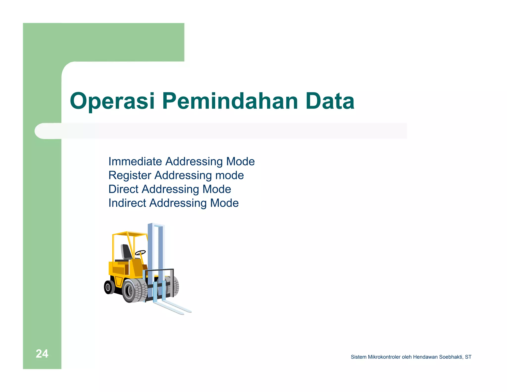 Operasi Pemindahan Data 
Immediate Addressing Mode 
Register Addressing mode 
Direct Addressing Mode 
Indirect Addressing Mode 
Sistem 24 Mikrokontroler oleh Hendawan Soebhakti, ST 
 