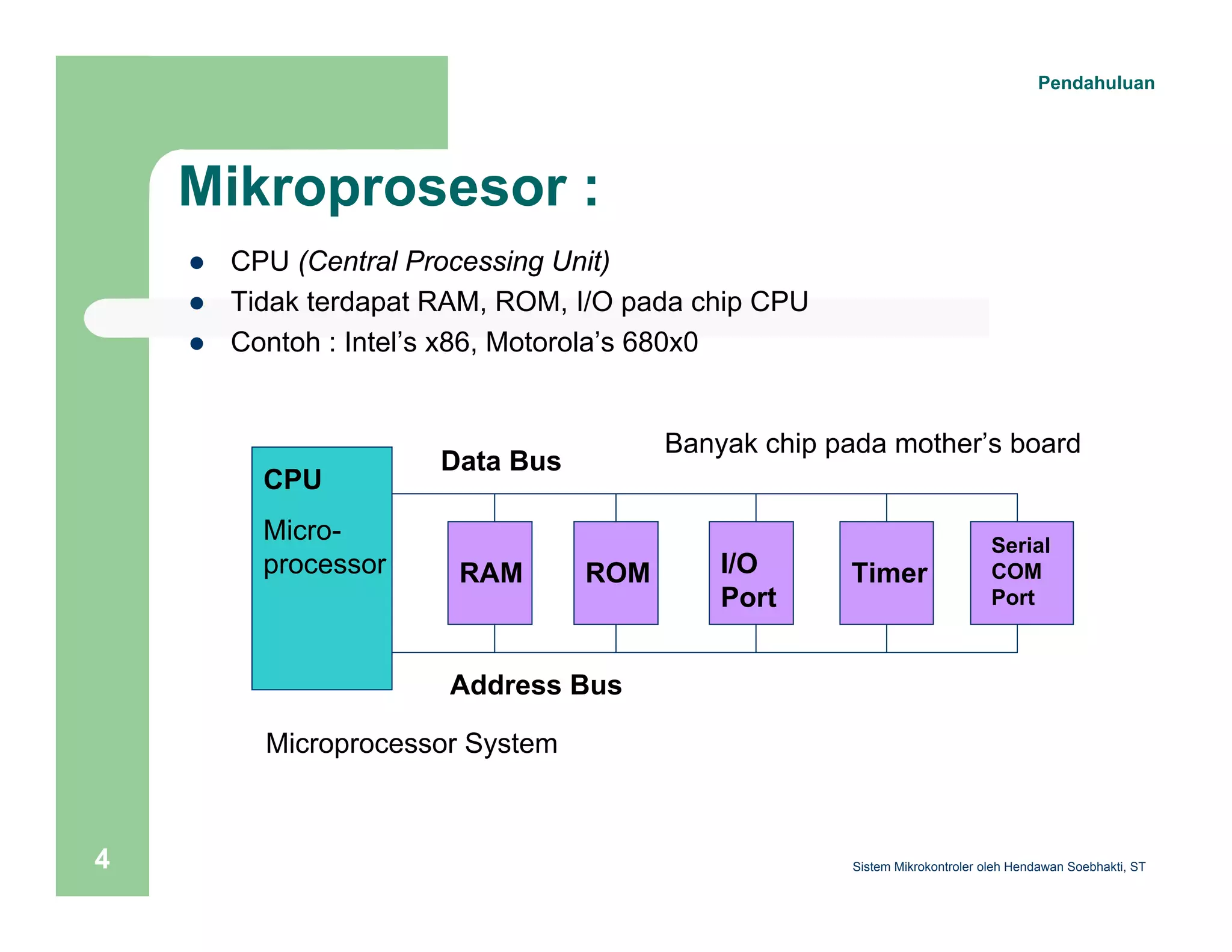 Mikroprosesor : 
z CPU (Central Processing Unit) 
z Tidak terdapat RAM, ROM, I/O pada chip CPU 
z Contoh : Intel’s x86, Motorola’s 680x0 
CPU 
Micro-processor 
Data Bus 
Pendahuluan 
Banyak chip pada mother’s board 
RAM ROM I/O 
Port 
Timer 
Serial 
COM 
Port 
Address Bus 
Microprocessor System 
Sistem 4 Mikrokontroler oleh Hendawan Soebhakti, ST 
 