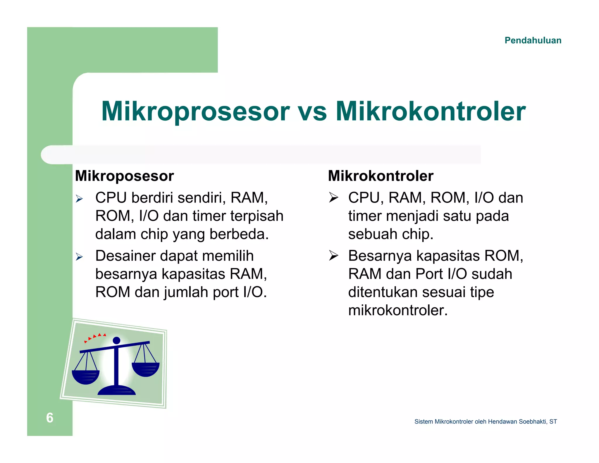 Pendahuluan 
Mikroprosesor vs Mikrokontroler 
Mikroposesor 
¾ CPU berdiri sendiri, RAM, 
ROM, I/O dan timer terpisah 
dalam chip yang berbeda. 
¾ Desainer dapat memilih 
besarnya kapasitas RAM, 
ROM dan jumlah port I/O. 
Mikrokontroler 
¾ CPU, RAM, ROM, I/O dan 
timer menjadi satu pada 
sebuah chip. 
¾ Besarnya kapasitas ROM, 
RAM dan Port I/O sudah 
ditentukan sesuai tipe 
mikrokontroler. 
Sistem 6 Mikrokontroler oleh Hendawan Soebhakti, ST 
 