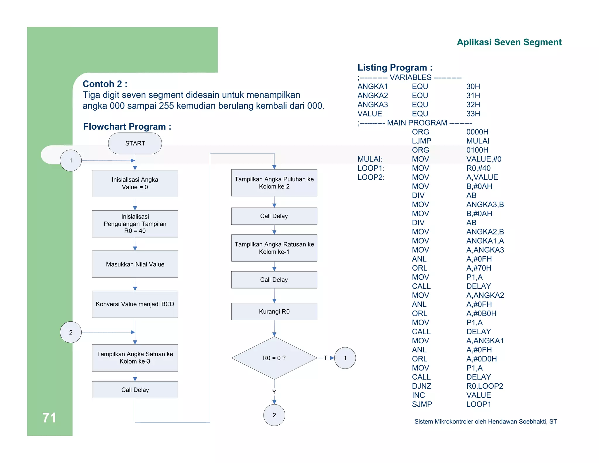 Contoh 2 : 
Tiga digit seven segment didesain untuk menampilkan 
angka 000 sampai 255 kemudian berulang kembali dari 000. 
Aplikasi Seven Segment 
Listing Program : 
;----------- VARIABLES ----------- 
ANGKA1 EQU 30H 
ANGKA2 EQU 31H 
ANGKA3 EQU 32H 
VALUE EQU 33H 
;---------- MAIN PROGRAM --------- 
ORG 0000H 
LJMP MULAI 
ORG 0100H 
MULAI: MOV VALUE,#0 
LOOP1: MOV R0,#40 
LOOP2: MOV A,VALUE 
MOV B,#0AH 
DIV AB 
MOV ANGKA3,B 
MOV B,#0AH 
DIV AB 
MOV ANGKA2,B 
MOV ANGKA1,A 
MOV A,ANGKA3 
ANL A,#0FH 
ORL A,#70H 
MOV P1,A 
CALL DELAY 
MOV A,ANGKA2 
ANL A,#0FH 
ORL A,#0B0H 
MOV P1,A 
CALL DELAY 
MOV A,ANGKA1 
ANL A,#0FH 
ORL A,#0D0H 
MOV P1,A 
CALL DELAY 
DJNZ R0,LOOP2 
INC VALUE 
SJMP LOOP1 
Flowchart Program : 
START 
Inisialisasi Angka 
Value = 0 
Inisialisasi 
Pengulangan Tampilan 
R0 = 40 
Masukkan Nilai Value 
Konversi Value menjadi BCD 
Tampilkan Angka Satuan ke 
Kolom ke-3 
Call Delay 
Tampilkan Angka Puluhan ke 
Kolom ke-2 
Call Delay 
Tampilkan Angka Ratusan ke 
Kolom ke-1 
Call Delay 
Kurangi R0 
R0 = 0 ? T 1 
Y 
1 
71 2 
Sistem Mikrokontroler oleh Hendawan Soebhakti, ST 
2 
 