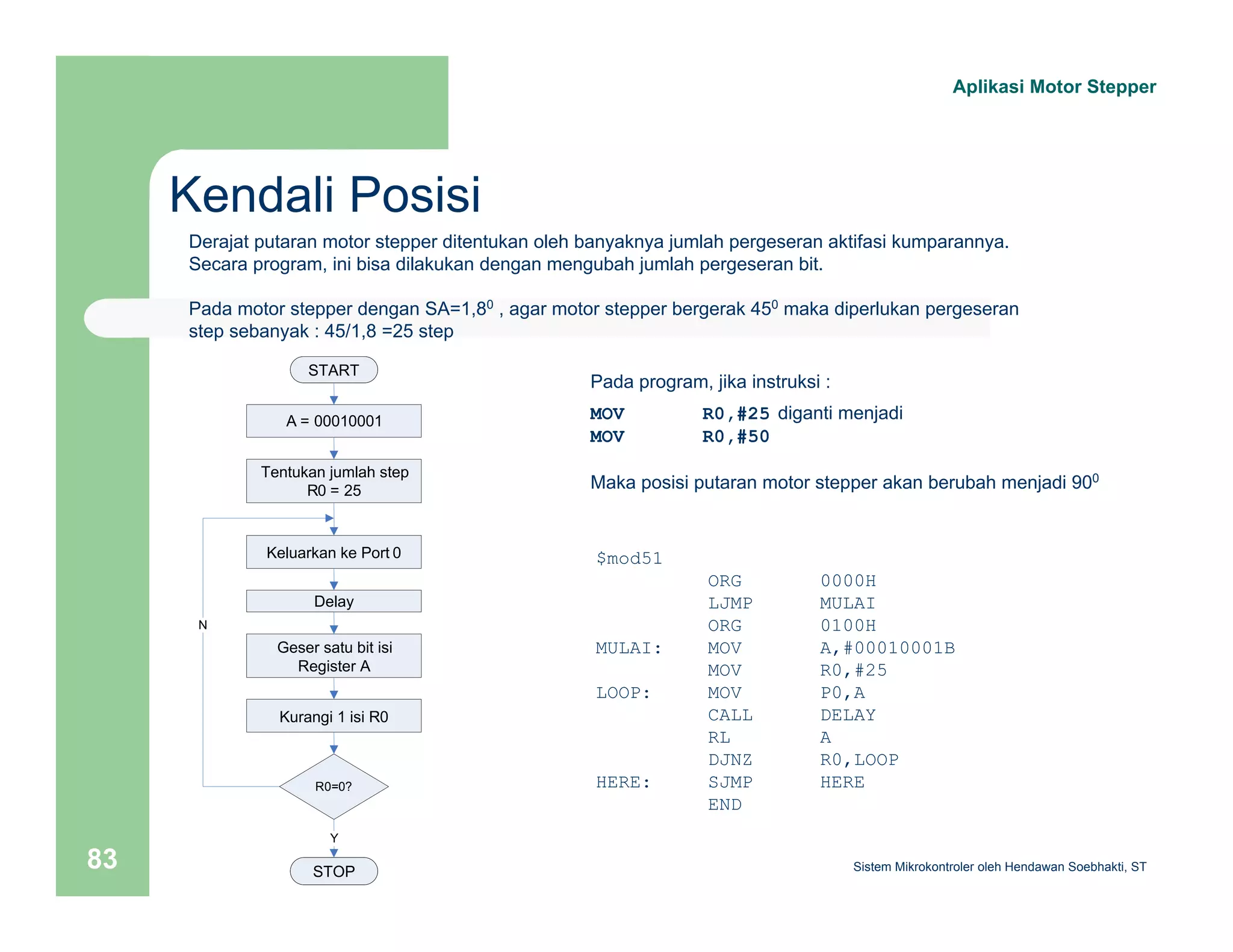 Aplikasi Motor Stepper 
Kendali Posisi 
Derajat putaran motor stepper ditentukan oleh banyaknya jumlah pergeseran aktifasi kumparannya. 
Secara program, ini bisa dilakukan dengan mengubah jumlah pergeseran bit. 
Pada motor stepper dengan SA=1,80 , agar motor stepper bergerak 450 maka diperlukan pergeseran 
step sebanyak : 45/1,8 =25 step 
Pada program, jika instruksi : 
MOV R0,#25 diganti menjadi 
MOV R0,#50 
Maka posisi putaran motor stepper akan berubah menjadi 900 
$mod51 
ORG 0000H 
LJMP MULAI 
ORG 0100H 
MULAI: MOV A,#00010001B 
MOV R0,#25 
LOOP: MOV P0,A 
CALL DELAY 
RL A 
DJNZ R0,LOOP 
HERE: SJMP HERE 
END 
START 
A = 00010001 
Tentukan jumlah step 
R0 = 25 
Keluarkan ke Port 0 
Delay 
Geser satu bit isi 
Register A 
N 
Kurangi 1 isi R0 
R0=0? 
Y 
Sistem 83 Mikrokontroler oleh Hendawan Soebhakti, ST 
STOP 
 