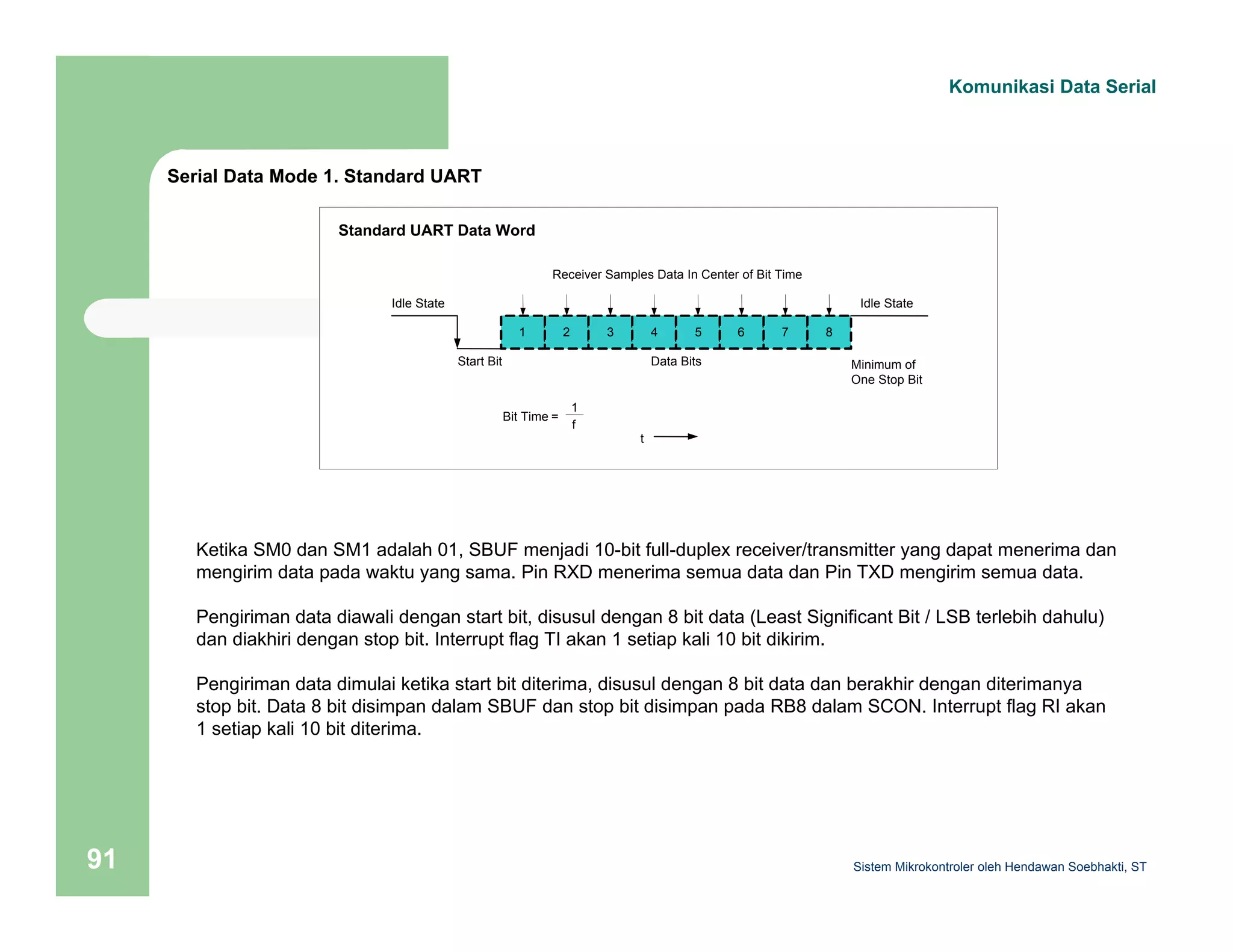 Serial Data Mode 1. Standard UART 
Komunikasi Data Serial 
Receiver Samples Data In Center of Bit Time 
Standard UART Data Word 
1 2 3 4 5 6 7 8 
Idle State 
Start Bit 
Idle State 
Data Bits 
Bit Time = 
1 
f 
Minimum of 
One Stop Bit 
t 
Ketika SM0 dan SM1 adalah 01, SBUF menjadi 10-bit full-duplex receiver/transmitter yang dapat menerima dan 
mengirim data pada waktu yang sama. Pin RXD menerima semua data dan Pin TXD mengirim semua data. 
Pengiriman data diawali dengan start bit, disusul dengan 8 bit data (Least Significant Bit / LSB terlebih dahulu) 
dan diakhiri dengan stop bit. Interrupt flag TI akan 1 setiap kali 10 bit dikirim. 
Pengiriman data dimulai ketika start bit diterima, disusul dengan 8 bit data dan berakhir dengan diterimanya 
stop bit. Data 8 bit disimpan dalam SBUF dan stop bit disimpan pada RB8 dalam SCON. Interrupt flag RI akan 
1 setiap kali 10 bit diterima. 
Sistem 91 Mikrokontroler oleh Hendawan Soebhakti, ST 
 