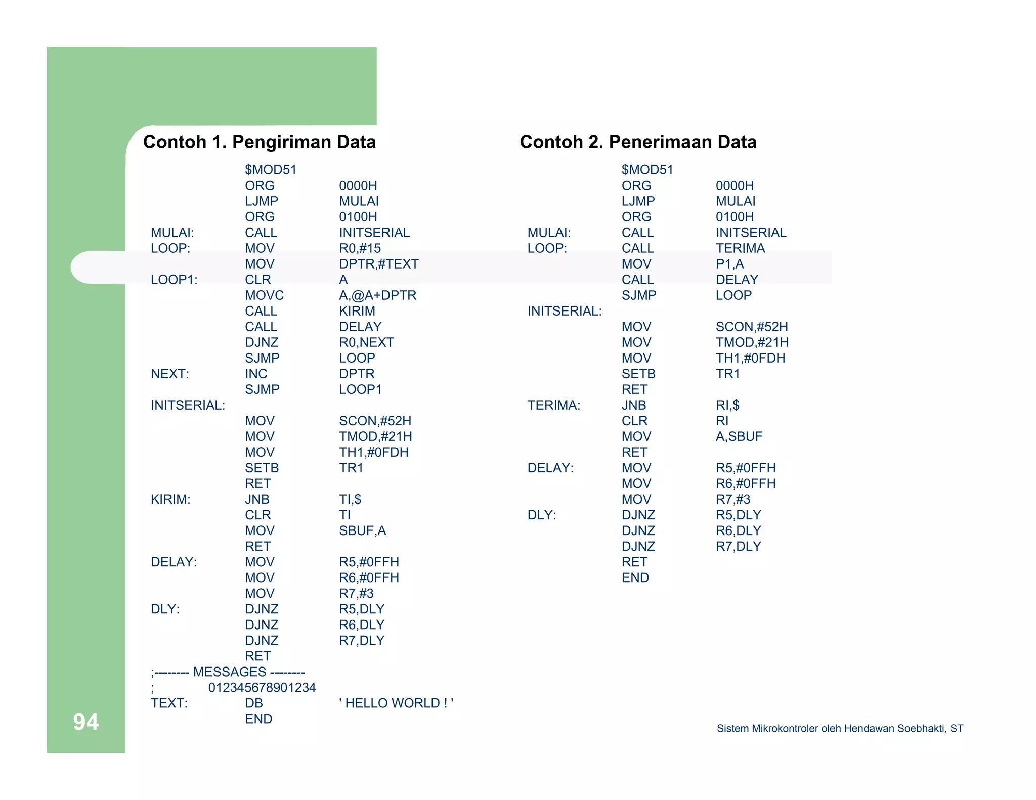 Contoh 1. Pengiriman Data 
$MOD51 
ORG 0000H 
LJMP MULAI 
ORG 0100H 
MULAI: CALL INITSERIAL 
LOOP: MOV R0,#15 
MOV DPTR,#TEXT 
LOOP1: CLR A 
MOVC A,@A+DPTR 
CALL KIRIM 
CALL DELAY 
DJNZ R0,NEXT 
SJMP LOOP 
NEXT: INC DPTR 
SJMP LOOP1 
INITSERIAL: 
MOV SCON,#52H 
MOV TMOD,#21H 
MOV TH1,#0FDH 
SETB TR1 
RET 
KIRIM: JNB TI,$ 
CLR TI 
MOV SBUF,A 
RET 
DELAY: MOV R5,#0FFH 
MOV R6,#0FFH 
MOV R7,#3 
DLY: DJNZ R5,DLY 
DJNZ R6,DLY 
DJNZ R7,DLY 
RET 
;-------- MESSAGES -------- 
; 012345678901234 
TEXT: DB ' HELLO WORLD ! ' 
Contoh 2. Penerimaan Data 
94 END 
Sistem Mikrokontroler oleh Hendawan Soebhakti, ST 
$MOD51 
ORG 0000H 
LJMP MULAI 
ORG 0100H 
MULAI: CALL INITSERIAL 
LOOP: CALL TERIMA 
MOV P1,A 
CALL DELAY 
SJMP LOOP 
INITSERIAL: 
MOV SCON,#52H 
MOV TMOD,#21H 
MOV TH1,#0FDH 
SETB TR1 
RET 
TERIMA: JNB RI,$ 
CLR RI 
MOV A,SBUF 
RET 
DELAY: MOV R5,#0FFH 
MOV R6,#0FFH 
MOV R7,#3 
DLY: DJNZ R5,DLY 
DJNZ R6,DLY 
DJNZ R7,DLY 
RET 
END 
 
