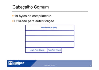 15Copyright © 2003 Juniper Networks, Inc. Proprietary and Confidential www.juniper.net 15Tutorial BGP - GTER
Cabeçalho Comum
19 bytes de comprimento
Utilizado para autenticação
Marker Field (16 bytes)
Length Field (2 bytes) Type Field (1 byte)
 