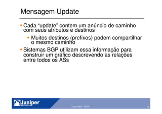 18Copyright © 2003 Juniper Networks, Inc. Proprietary and Confidential www.juniper.net 18Tutorial BGP - GTER
Mensagem Update
Cada “update” contem um anúncio de caminho
com seus atributos e destinos
Muitos destinos (prefixos) podem compartilhar
o mesmo caminho
Sistemas BGP utilizam essa informação para
construir um gráfico descrevendo as relações
entre todos os ASs
 