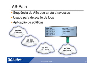 27Copyright © 2003 Juniper Networks, Inc. Proprietary and Confidential www.juniper.net 27Tutorial BGP - GTER
AS-Path
Sequência de ASs que a rota atravessou
Usado para detecção de loop
Aplicação de políticas
AS 9999
11.1.0.0/16
AS 8888
11.2.0.0/16
AS 7777
11.3.0.0/16
AS 6666
11.4.0.0/16
Prefixo AS-Path
11.1.0.0/16 7777 8888 9999
11.2.0.0/16 7777 8888
11.3.0.0/16 7777
11.4.0.0/16 I
 
