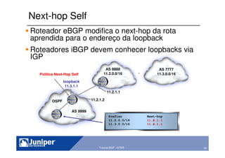 30Copyright © 2003 Juniper Networks, Inc. Proprietary and Confidential www.juniper.net 30Tutorial BGP - GTER
Next-hop Self
Roteador eBGP modifica o next-hop da rota
aprendida para o endereço da loopback
Roteadores iBGP devem conhecer loopbacks via
IGP
AS 9999
AS 8888
11.2.0.0/16
AS 7777
11.3.0.0/16
Prefixo Next-hop
11.2.0.0/16 11.2.1.1
11.3.0.0/16 11.2.1.1
11.2.1.1
11.2.1.2
loopback
11.3.1.1
Prefixo Next-hop
11.2.0.0/16 11.3.1.1
11.3.0.0/16 11.3.1.1
Política Next-Hop Self
OSPF
 