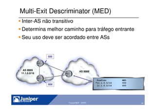 34Copyright © 2003 Juniper Networks, Inc. Proprietary and Confidential www.juniper.net 34Tutorial BGP - GTER
Multi-Exit Descriminator (MED)
Inter-AS não transitivo
Determina melhor caminho para tráfego entrante
Seu uso deve ser acordado entre ASs
AS 9999
11.1.0.0/16
AS 8888
500
600
Prefixo MED
*11.1.0.0/16 500
11.1.0.0/16 600
 