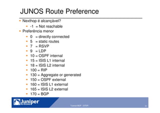 41Copyright © 2003 Juniper Networks, Inc. Proprietary and Confidential www.juniper.net 41Tutorial BGP - GTER
JUNOS Route Preference
Nexthop é alcançável?
-1 = Not reachable
Preferência menor
0 = directly connected
5 = static routes
7 = RSVP
9 = LDP
10 = OSPF internal
15 = ISIS L1 internal
18 = ISIS L2 internal
100 = RIP
130 = Aggregate or generated
150 = OSPF external
160 = ISIS L1 external
165 = ISIS L2 external
170 = BGP
 