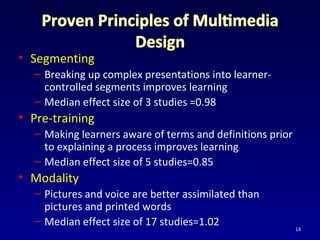 • Segmenting
– Breaking up complex presentations into learner-
controlled segments improves learning
– Median effect size of 3 studies =0.98
• Pre-training
– Making learners aware of terms and definitions prior
to explaining a process improves learning
– Median effect size of 5 studies=0.85
• Modality
– Pictures and voice are better assimilated than
pictures and printed words
– Median effect size of 17 studies=1.02 14
 