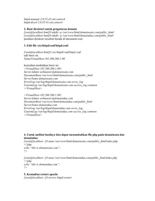 httpd-manual-2.0.52-41.ent.centos4
httpd-devel-2.0.52-41.ent.centos4

2. Buat direktori untuk pengaturan domain
[root@localhost html]# mkdir -p /var/www/html/domainsatu.com/public_html/
[root@localhost html]# mkdir -p /var/www/html/domaindua.com/public_html/
pastikan direktori tersebut berada di document root.

3. Edit file /etc/httpd/conf/httpd.conf

[root@localhost html]# /etc/httpd/conf/httpd.conf
edit baris ini
NameVirtualHost 192.200.200.1:80

kemudian tambahkan baris ini
<VirtualHost 192.200.200.1:80>
ServerAdmin webmaster@domainsatu.com
DocumentRoot /var/www/html/domainsatu.com/public_html
ServerName domainsatu.com
ErrorLog /var/log/httpd/domainsatu.com-error_log
CustomLog /var/log/httpd/domainsatu.com-access_log common
</VirtualHost>

<VirtualHost 192.200.200.1:80>
ServerAdmin webmaster@domaindua.com
DocumentRoot /var/www/html/domaindua.com/public_html
ServerName domaindua.com
ErrorLog /var/log/httpd/domaindua.com-error_log
CustomLog /var/log/httpd/domaindua.com-access_log common
</VirtualHost>




4. Untuk melihat hasilnya kita dapat menambahkan file php pada domainsatu dan
domaindua
[root@localhost ~]# nano /var/www/html/domainsatu.com/public_html/index.php
<?php
echo ³this is domainsatu.com´;
?>

[root@localhost ~]# nano /var/www/html/domaindua.com/public_html/index.php
<?php
echo ³this is domaindua.com´;
?>

5. Kemudian restart apache
[root@localhost ~]# service httpd restart
 