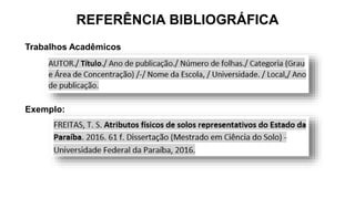 REFERÊNCIA BIBLIOGRÁFICA
Trabalhos Acadêmicos
Exemplo:
 