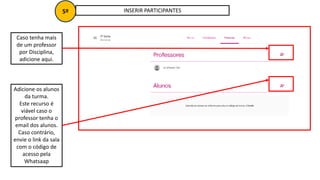 INSERIR PARTICIPANTES
5º
Caso tenha mais
de um professor
por Disciplina,
adicione aqui.
Adicione os alunos
da turma.
Este recurso é
viável caso o
professor tenha o
email dos alunos.
Caso contrário,
envie o link da sala
com o código de
acesso pela
Whatsaap
 