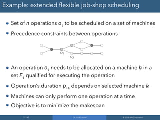 17 / 65 CP 2019 Tutorial © 2019 IBM Corporation
Example: extended flexible job-shop scheduling
Set of n operations oi
to be scheduled on a set of machines
Precedence constraints between operations
An operation oi
needs to be allocated on a machine k in a
set Fi
qualified for executing the operation
Operation’s duration pik
depends on selected machine k
Machines can only perform one operation at a time
Objective is to minimize the makespan
 