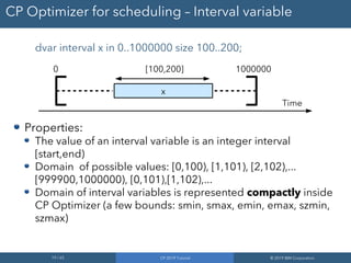 19 / 65 CP 2019 Tutorial © 2019 IBM Corporation
CP Optimizer for scheduling – Interval variable
dvar interval x in 0..1000000 size 100..200;
Properties:
The value of an interval variable is an integer interval
[start,end)
Domain of possible values: [0,100), [1,101), [2,102),...
[999900,1000000), [0,101),[1,102),...
Domain of interval variables is represented compactly inside
CP Optimizer (a few bounds: smin, smax, emin, emax, szmin,
szmax)
0 1000000
Time
[100,200]
x
 
