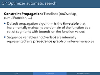 41 / 65 CP 2019 Tutorial © 2019 IBM Corporation
CP Optimizer automatic search
Constraint Propagation: Timelines (noOverlap,
cumulFunction, ...)
Default propagation algorithm is the timetable that
incrementally maintains the domain of the function as a
set of segments with bounds on the function values
Sequence variables (noOverlap) are internally
represented as a precedence graph on interval variables
 