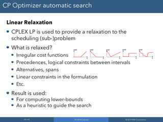 43 / 65 CP 2019 Tutorial © 2019 IBM Corporation
CP Optimizer automatic search
Linear Relaxation
CPLEX LP is used to provide a relaxation to the
scheduling (sub-)problem
What is relaxed?
Irregular cost functions
Precedences, logical constraints between intervals
Alternatives, spans
Linear constraints in the formulation
Etc.
Result is used:
For computing lower-bounds
As a heuristic to guide the search
 
