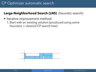 50 / 65 CP 2019 Tutorial © 2019 IBM Corporation
CP Optimizer automatic search
Large-Neighborhood Search (LNS) (heuristic search)
Iterative improvement method:
1.Start with an existing solution (produced using some
heuristics + classical CP search tree)
 
