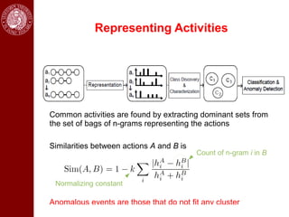 Representing Activities




Common activities are found by extracting dominant sets from
the set of bags of n-grams representing the actions

Similarities between actions A and B is
                                          Count of n-gram i in B



 Normalizing constant

Anomalous events are those that do not fit any cluster
 
