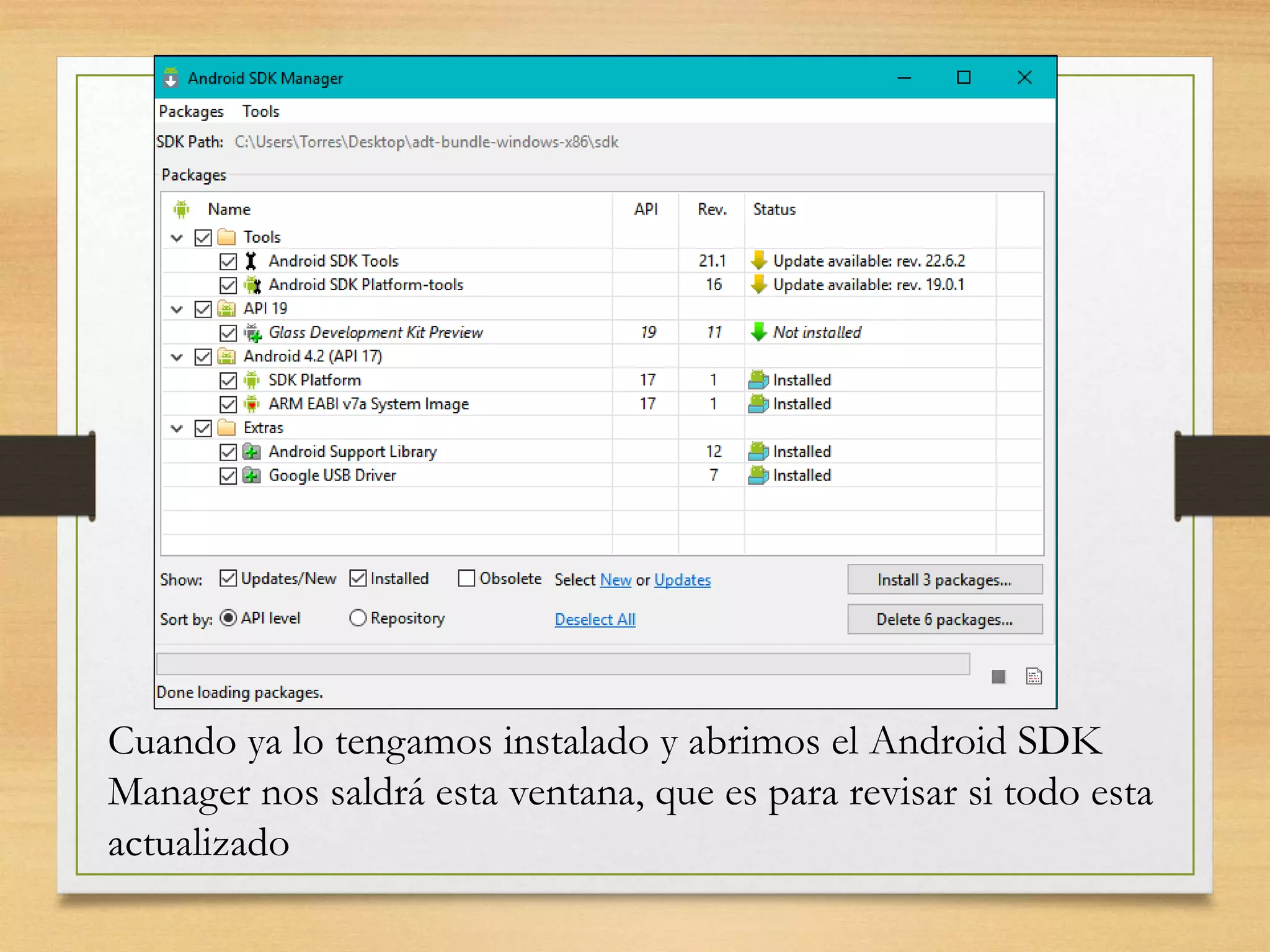 Cuando ya lo tengamos instalado y abrimos el Android SDK
Manager nos saldrá esta ventana, que es para revisar si todo esta
actualizado
 