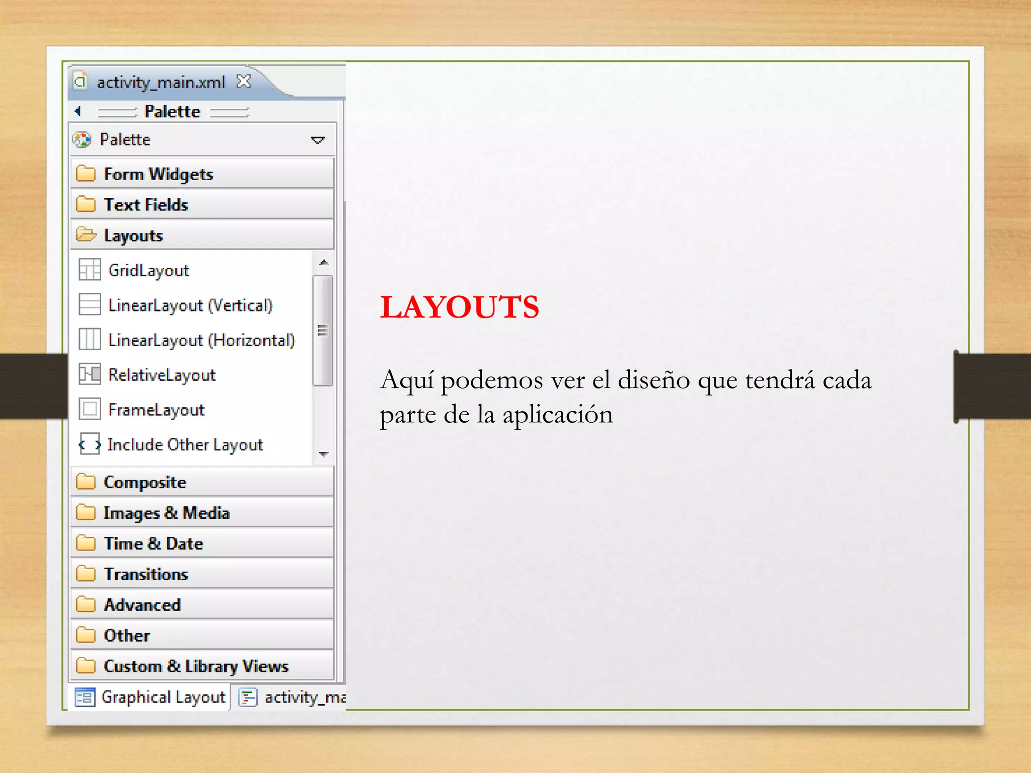 LAYOUTS
Aquí podemos ver el diseño que tendrá cada
parte de la aplicación
 