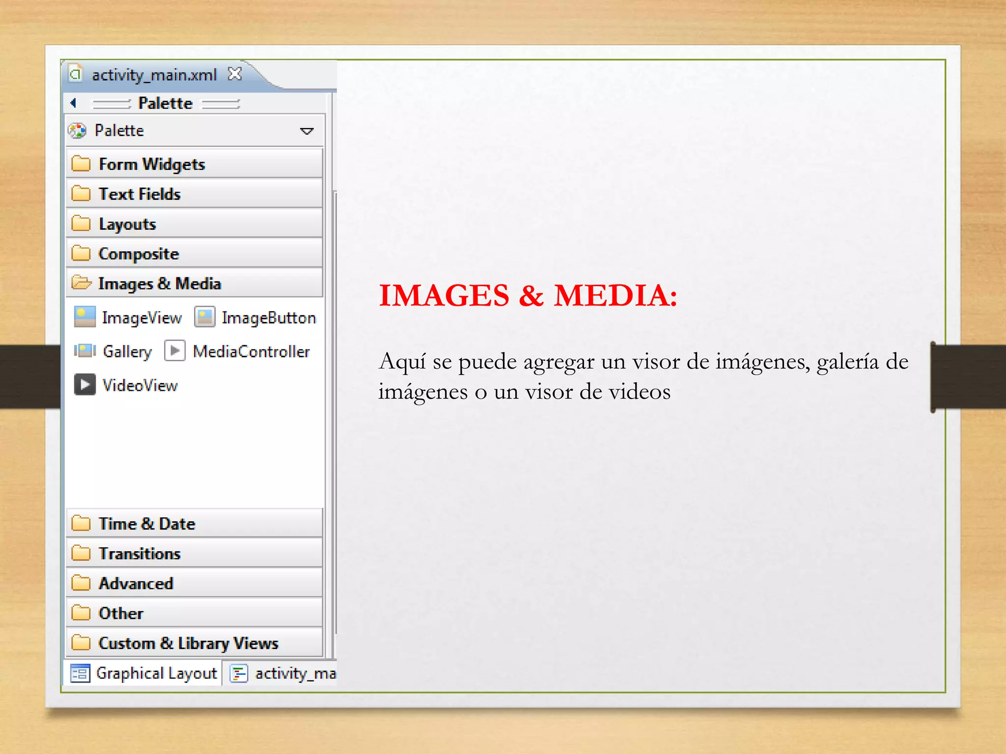 IMAGES & MEDIA:
Aquí se puede agregar un visor de imágenes, galería de
imágenes o un visor de videos
 