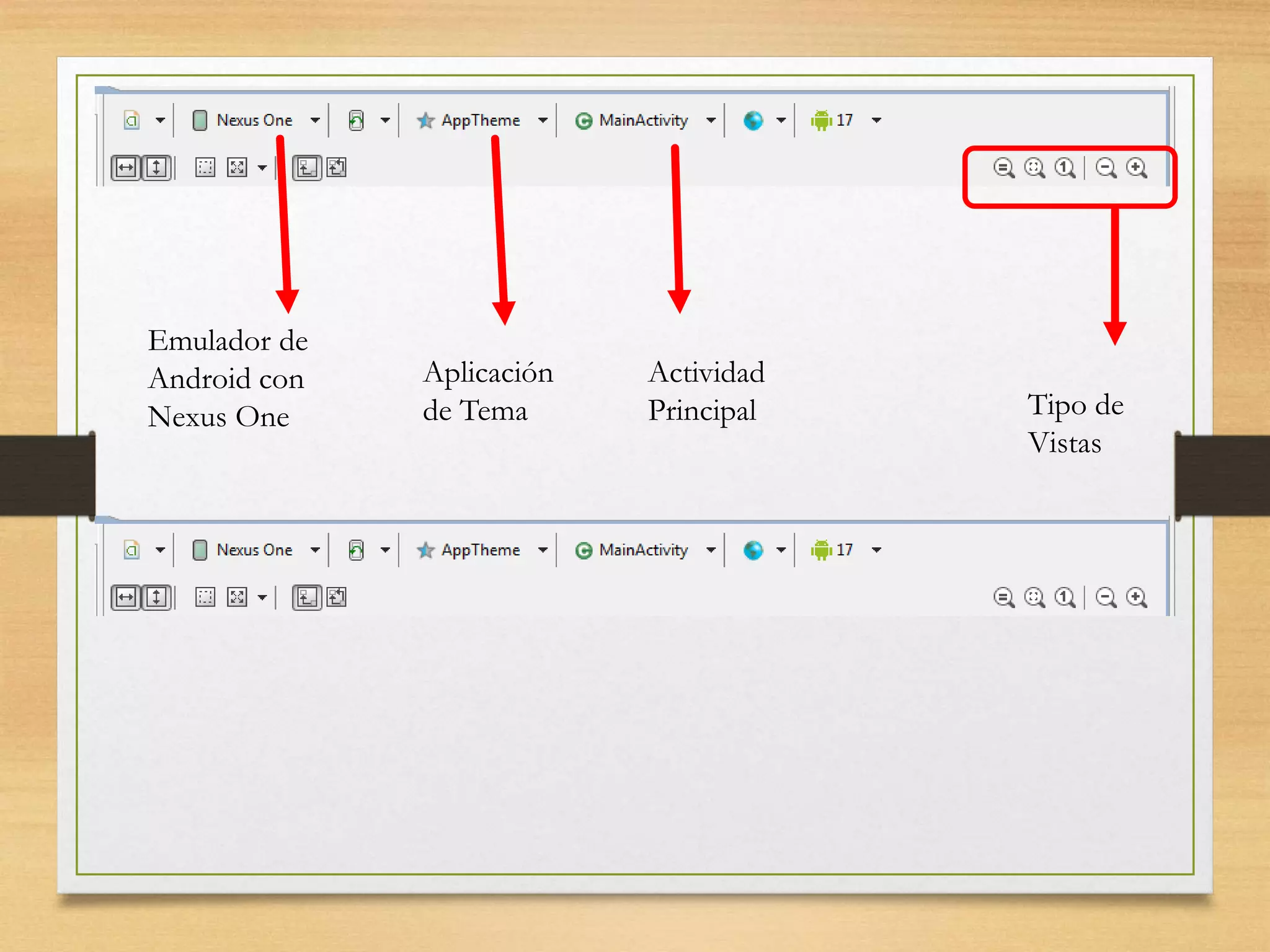 Emulador de
Android con
Nexus One
Aplicación
de Tema
Actividad
Principal Tipo de
Vistas
 