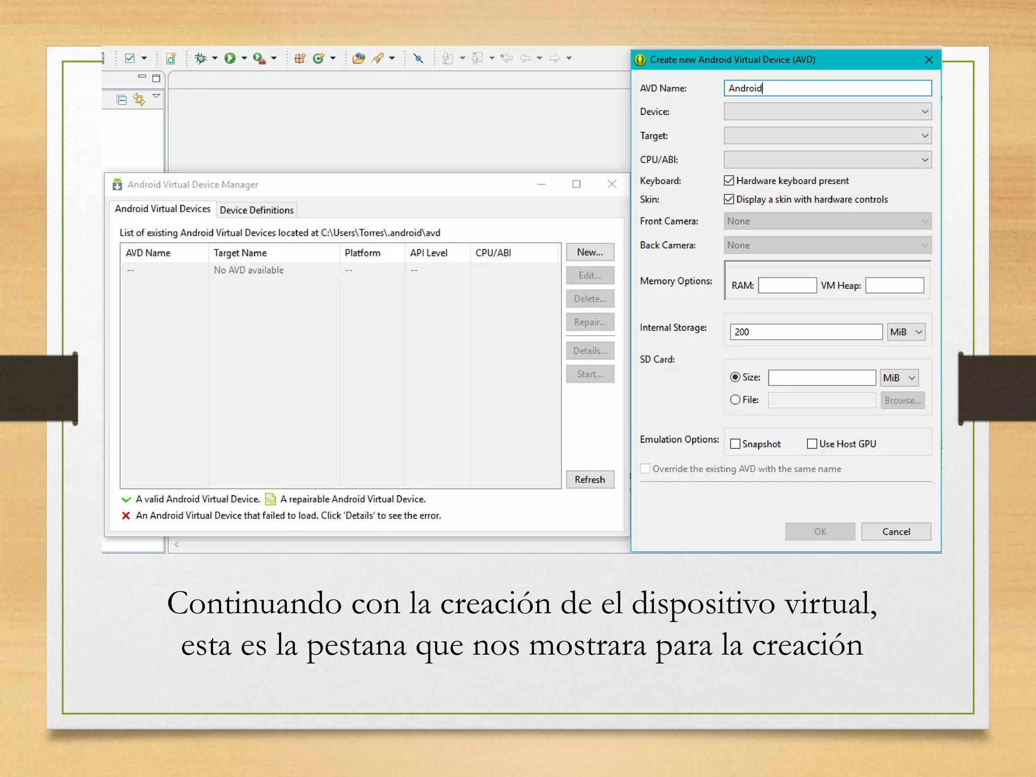 Continuando con la creación de el dispositivo virtual,
esta es la pestana que nos mostrara para la creación
 