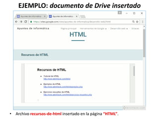 EJEMPLO: documento de Drive insertado
• Archivo recursos-de-html insertado en la página “HTML”.
 