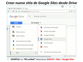 Crear nuevo sitio de Google Sites desde Drive
• EJEMPLO: en “Mi unidad” seleccionar NUEVO > Más > Google Sites
 