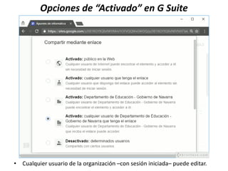 Opciones de “Activado” en G Suite
• Cualquier usuario de la organización –con sesión iniciada– puede editar.
 