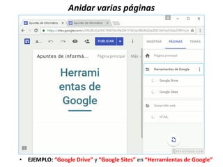 Anidar varias páginas
• EJEMPLO: “Google Drive” y “Google Sites” en “Herramientas de Google”
 