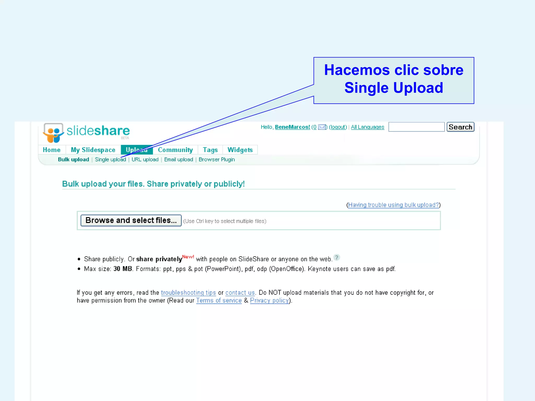 Hacemos clic sobre Single Upload 