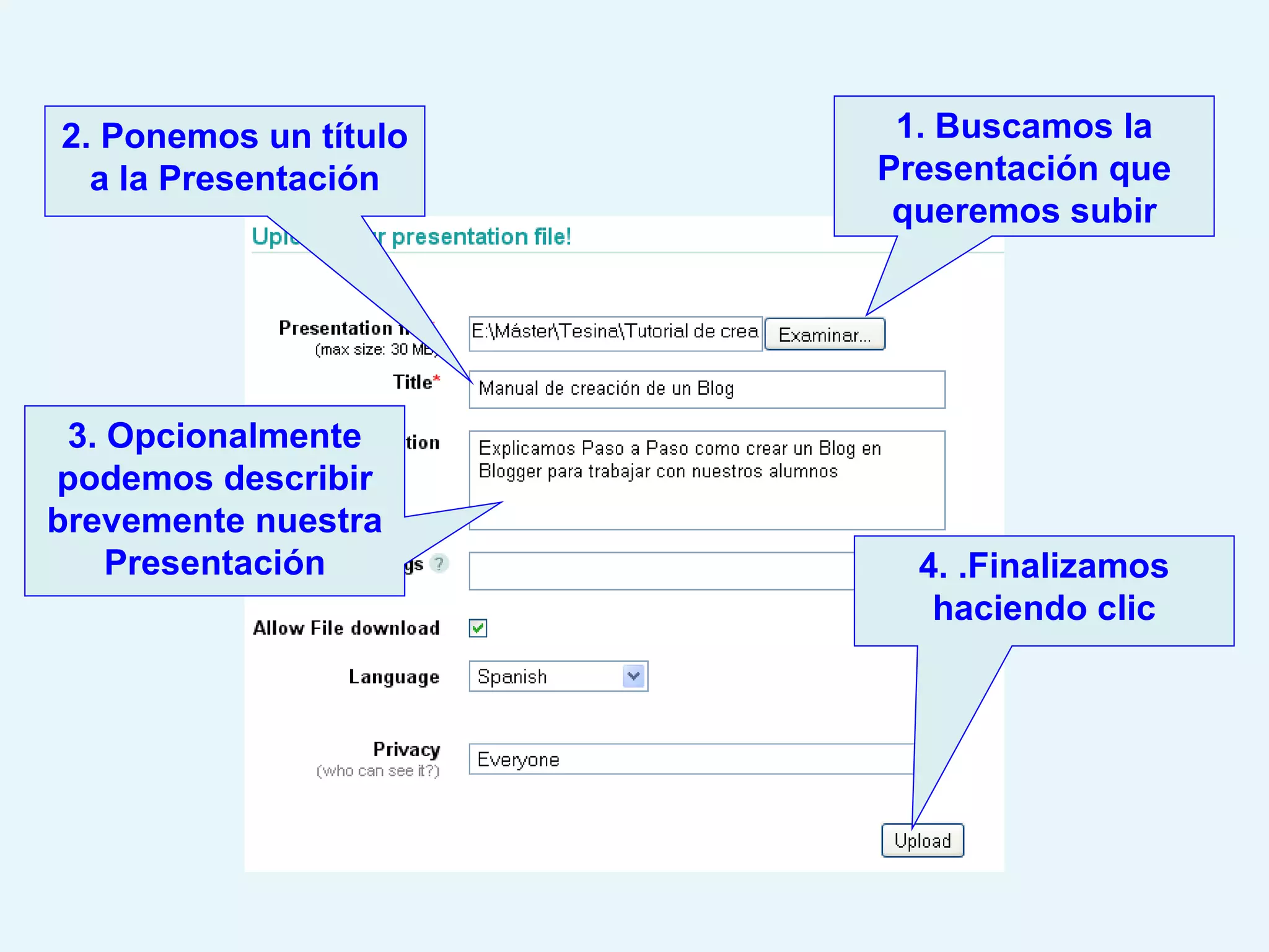 1. Buscamos la Presentación que queremos subir 3. Opcionalmente podemos describir brevemente nuestra Presentación 4. .Finalizamos haciendo clic 2. Ponemos un título a la Presentación 