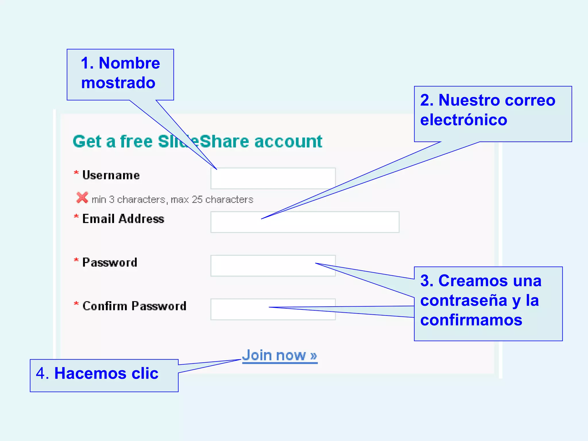 2. Nuestro correo electrónico 1. Nombre mostrado   3. Creamos una contraseña y la confirmamos 4.  Hacemos clic 