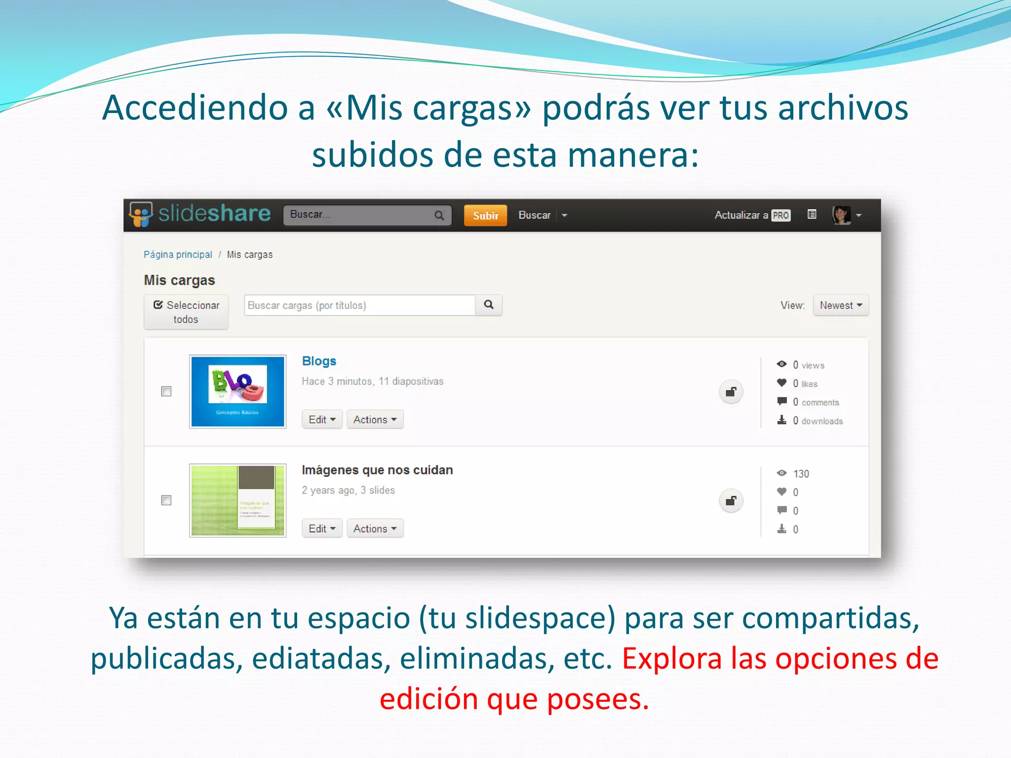Accediendo a «Mis cargas» podrás ver tus archivos subidos de esta manera: 
Ya están en tu espacio (tu slidespace) para ser compartidas, publicadas, ediatadas, eliminadas, etc. Explora las opciones de edición que posees.  
