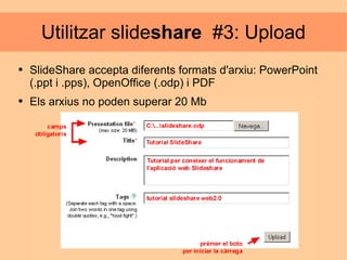 Utilitzar slide share   #3: Upload SlideShare accepta diferents formats d'arxiu: PowerPoint (.ppt i .pps), OpenOffice (.odp) i PDF Els arxius no poden superar 20 Mb 