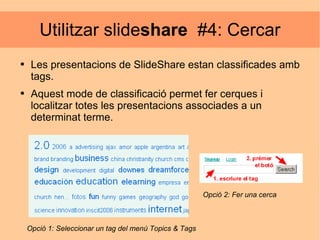 Utilitzar slide share   #4: Cercar Les presentacions de SlideShare estan classificades amb tags. Aquest mode de classificació permet fer cerques i localitzar totes les presentacions associades a un determinat terme.  Opció 1: Seleccionar un tag del menú Topics & Tags Opció 2: Fer una cerca 