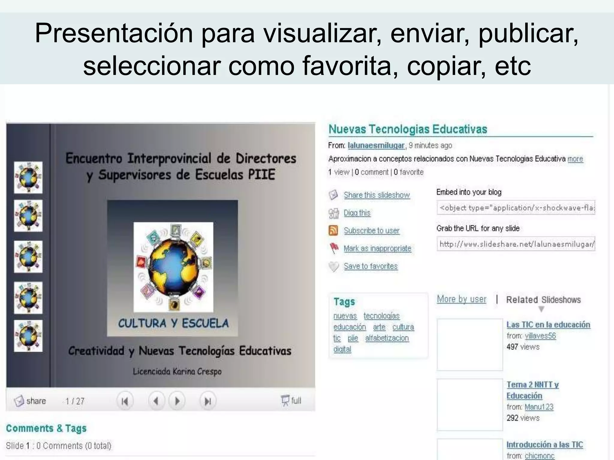 Presentación para visualizar, enviar, publicar,
   seleccionar como favorita, copiar, etc
 