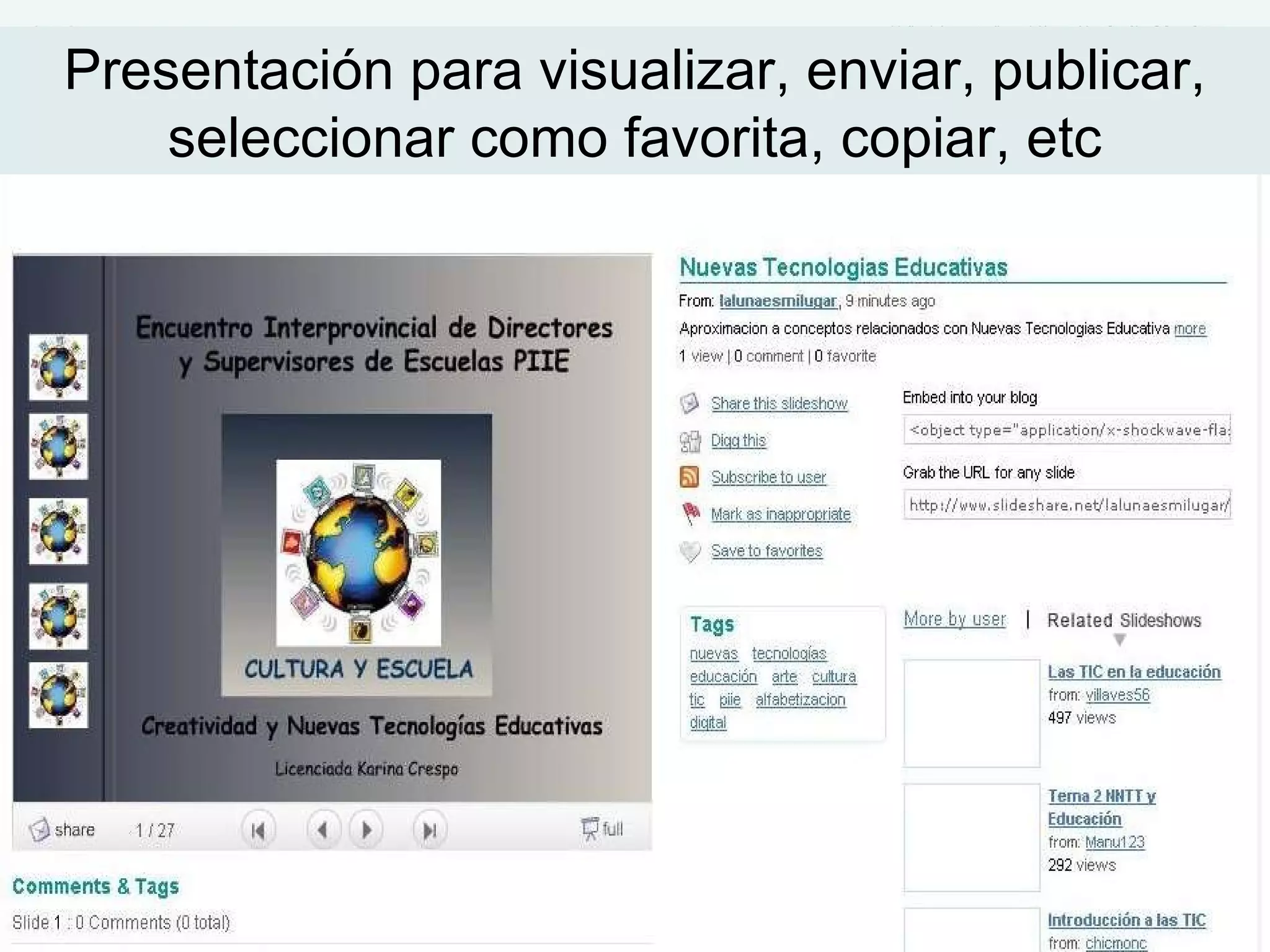 Presentación para visualizar, enviar, publicar,
    seleccionar como favorita, copiar, etc
 