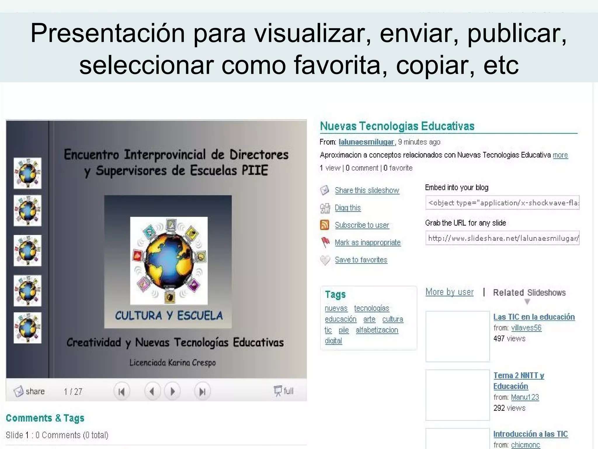 Presentación para visualizar, enviar, publicar, seleccionar como favorita, copiar, etc 