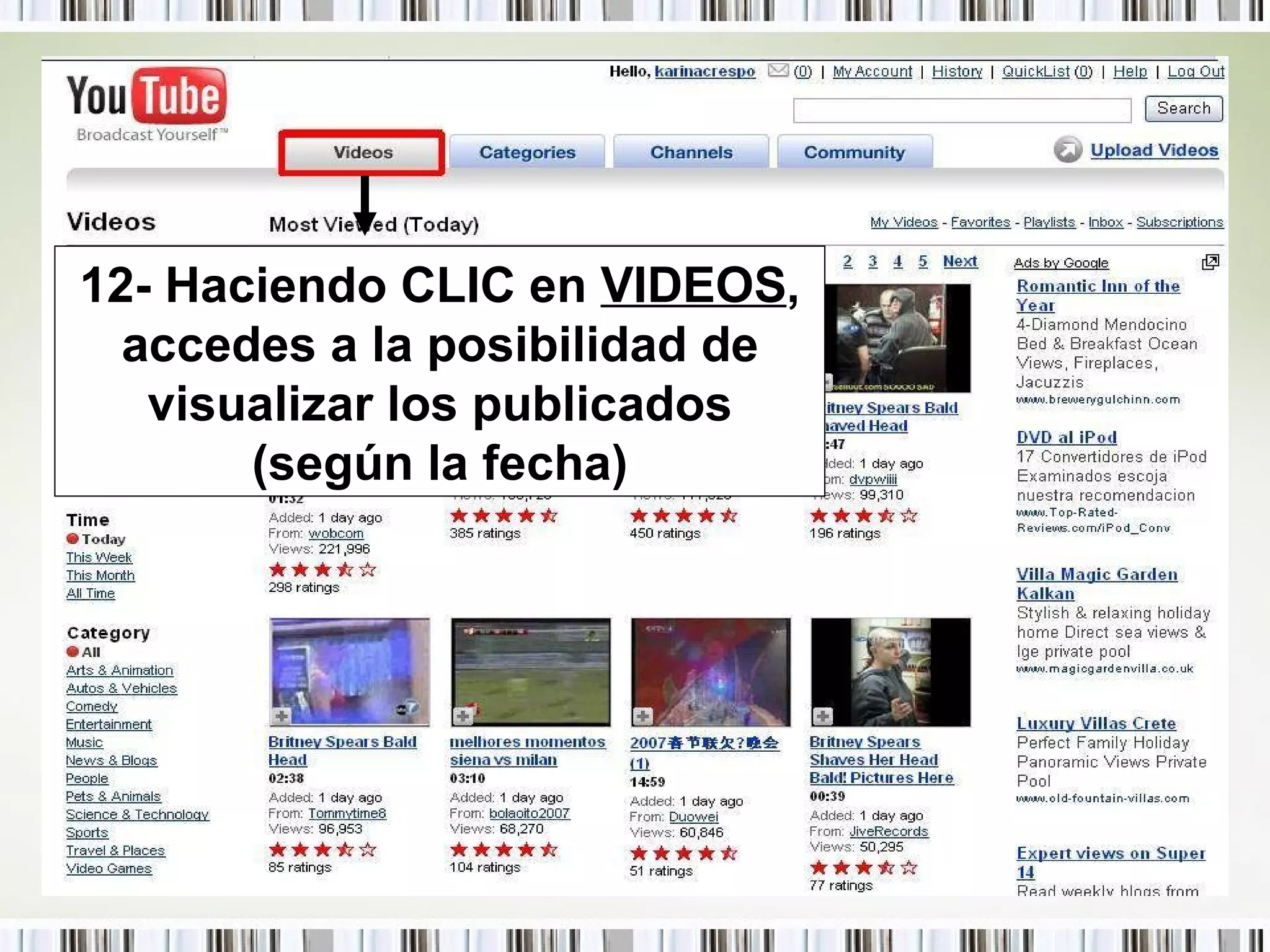 12- Haciendo CLIC en  VIDEOS , accedes a la posibilidad de visualizar los publicados (según la fecha) 