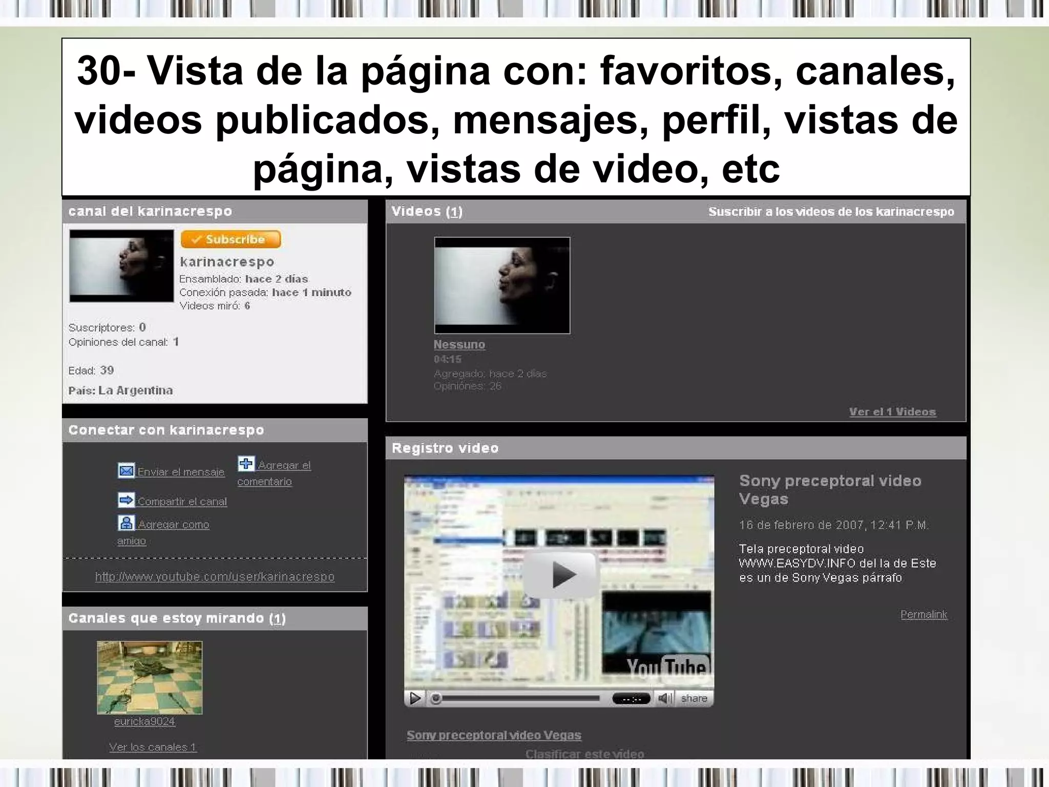30- Vista de la página con: favoritos, canales, videos publicados, mensajes, perfil, vistas de página, vistas de video, etc 