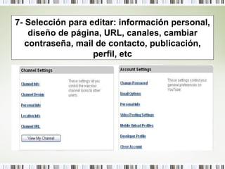 7- Selección para editar: información personal, diseño de página, URL, canales, cambiar contraseña, mail de contacto, publ...
